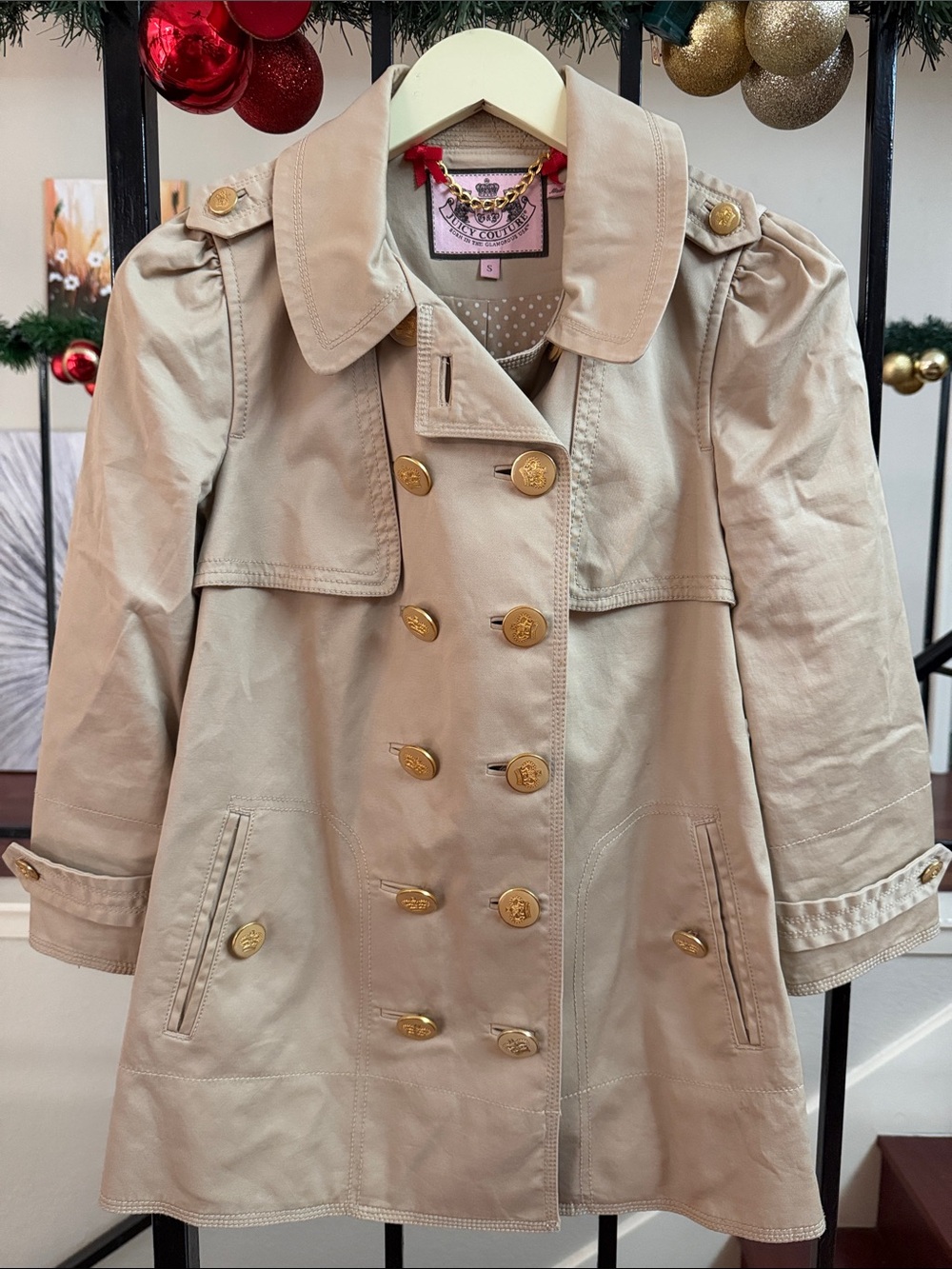 Juicy Couture Beige Double-Breasted Trench Coat with Gold Buttons